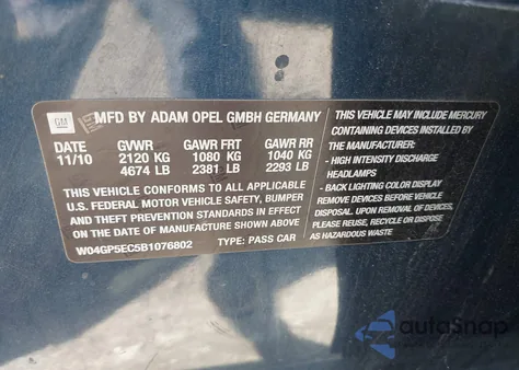 2011 Buick Regal Cxl Russelsheim from USA, damaged, VIN W04GP5EC5B1076802